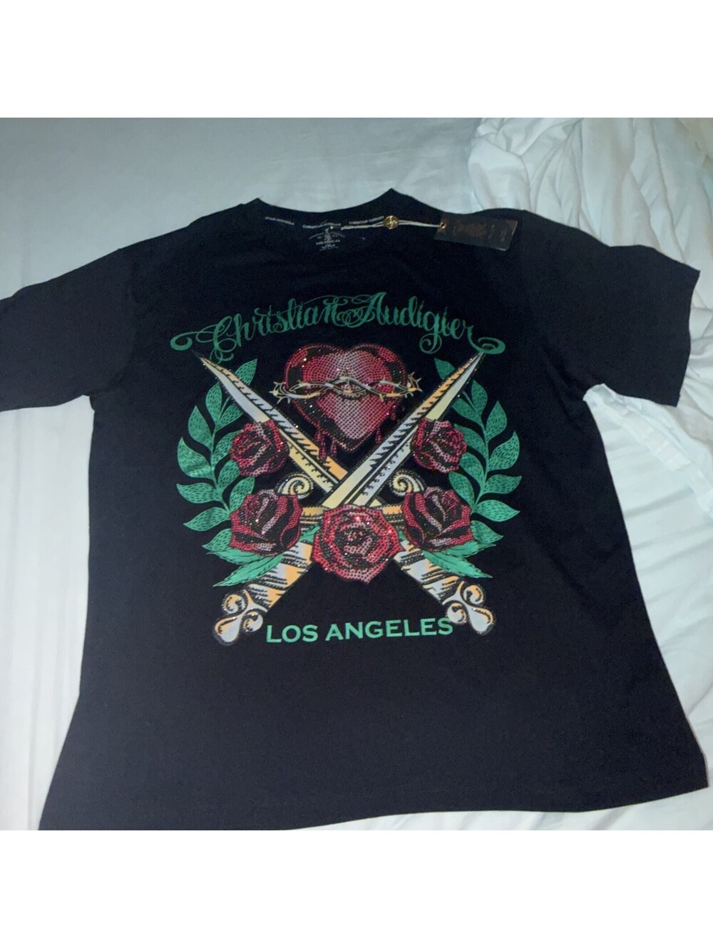 Christian Audigier Men's Black Double-Sided Heart Rose Graphic Tee Crew Neck L